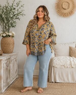 Magnolia Grace Floral Tunic Top XL Mustard Yellow Boho Peasant Blouse